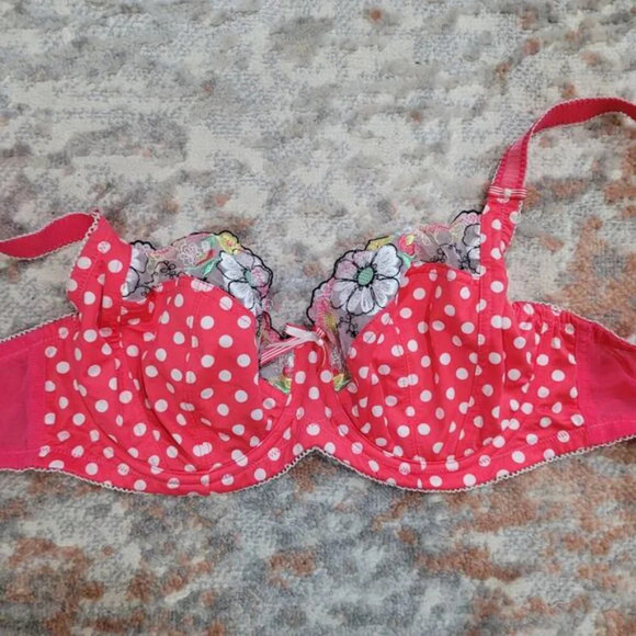 Debenhams Pink Polka Dot Bra with Floral Lace Accent - Size 30F - Picture 2 of 5